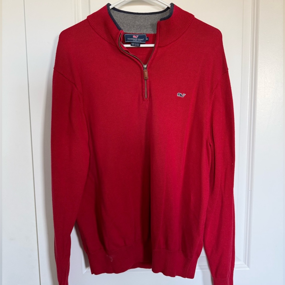 Vineyard Vines Men’s Red Half-Zip Sweater with Navy Trim
